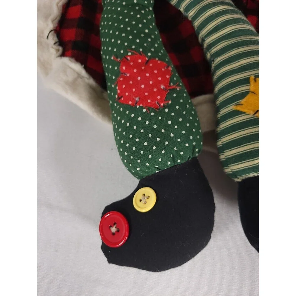 Vintage weighted Santa Doll wearing patched Robe‎ and Hat Patchwork buttons